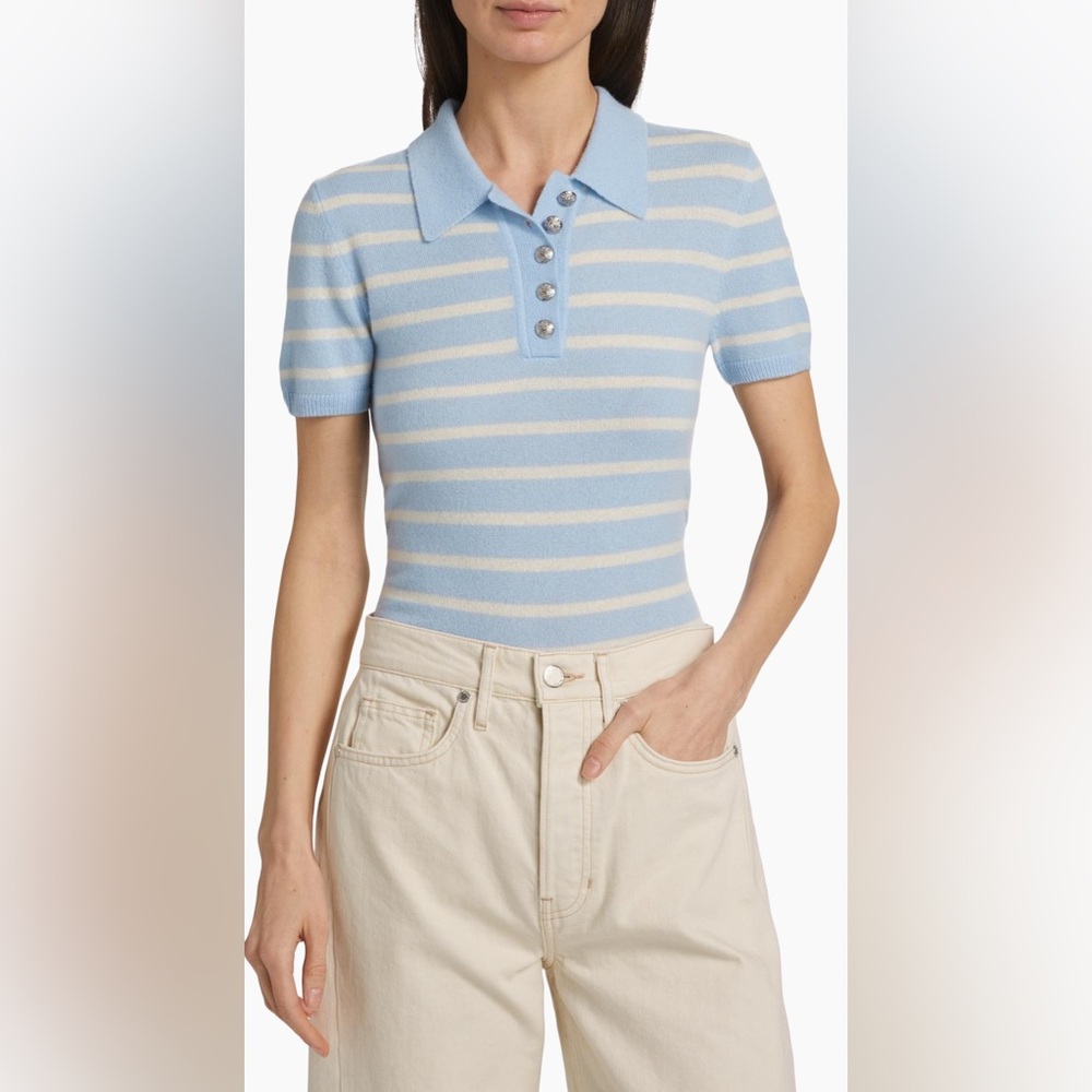 Veronica Beard Brandt Striped Cashmere Polo Sweater in Bluebell Ivory